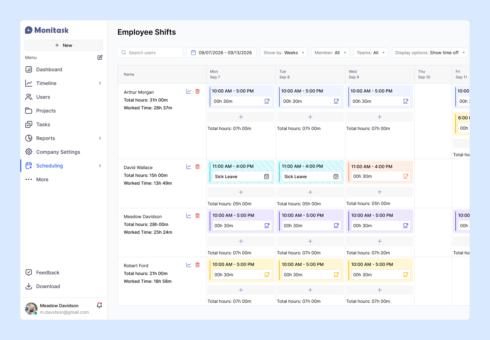 Monitask employee shifts calendar showing weekly scheduled shifts, planned versus worked hours, breaks and approved leave.