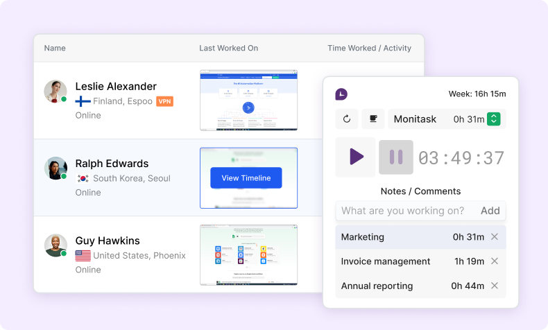 Captura de pantalla de Monitask, timer y dashboard