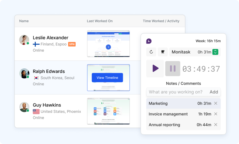 Screenshot of Monitask dashboard and timer