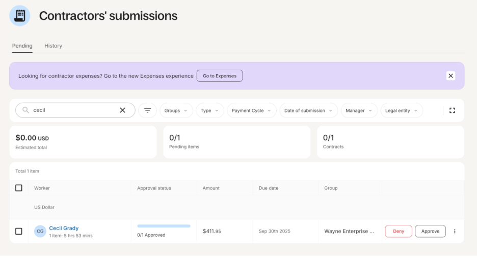 Screenshot of Contractors' submissions