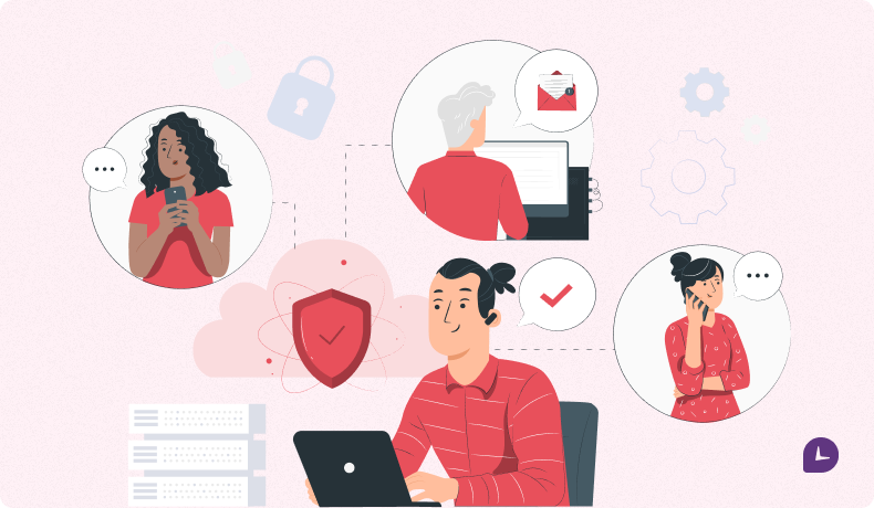 Иллюстрация, показывающая конфиденциальность данных и защиту информации при использовании предиктивной аналитики в HR: сотрудники работают за компьютером, изображены замок, щит и иконки безопасности.