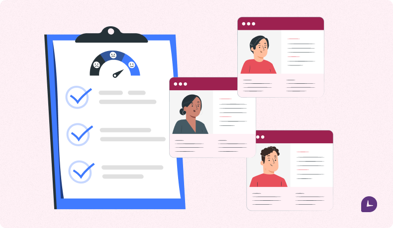 Иллюстрация, показывающая подбор кандидатов с помощью предиктивных моделей: список с отметками и профили кандидатов на экране, символизирующие автоматизированный анализ данных и выбор подходящих сотрудников.