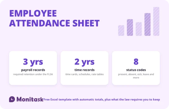Employee attendance sheet essentials: three-year payroll retention, two-year time record retention and eight status codes