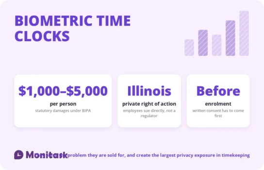 Biometric time clock facts: up to $5,000 per person in statutory damages under BIPA, Illinois allows employees to sue directly, and written consent must precede enrolment