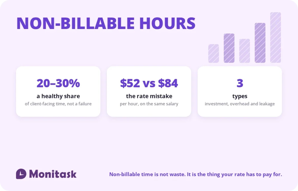 Non-billable hours: a healthy share of 20-30%, the pricing gap between $52 and $84, and three types of non-billable work
