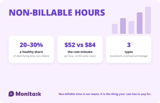Non-billable hours: a healthy share of 20-30%, the pricing gap between $52 and $84, and three types of non-billable work