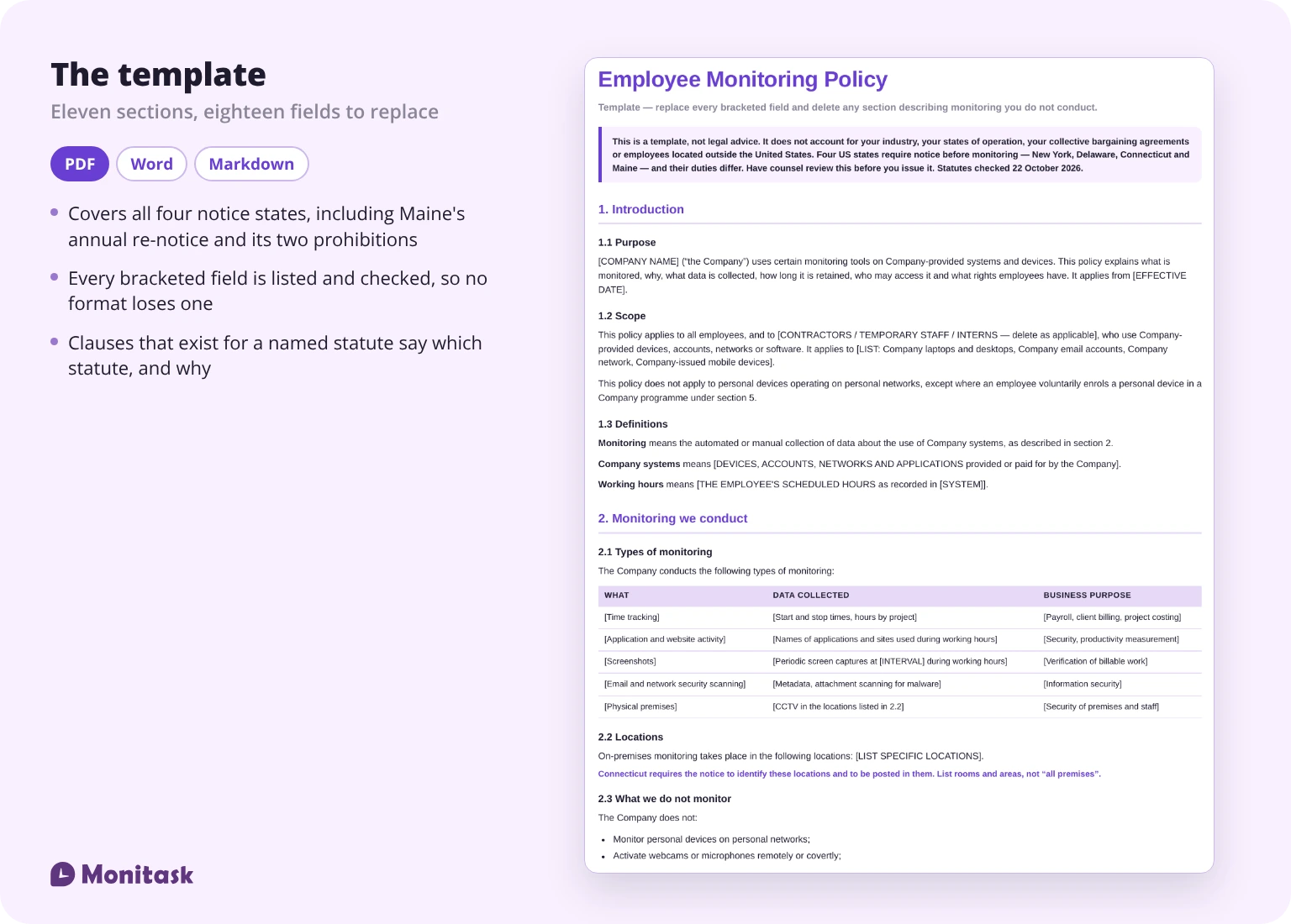Preview of page one of the employee monitoring policy template, showing the purpose, scope, definitions and types-of-monitoring sections